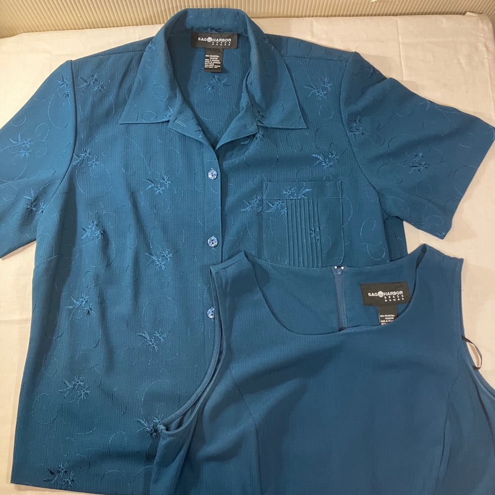 Sag Harbor Woman 18W Teal Blue 2 Piece Dress and Embroidered Jacket Set 2144314